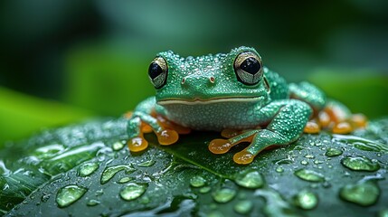 Obraz premium A frog on a leaf with drops of water and blurred background