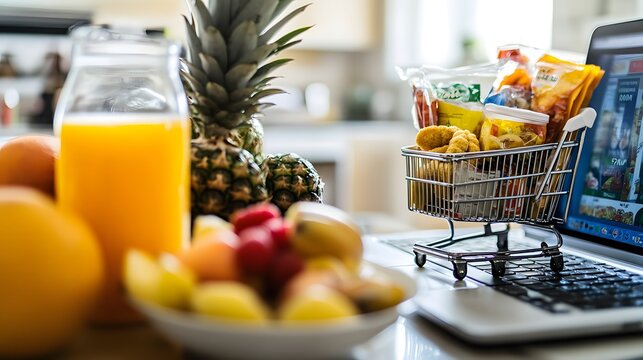 Mini shopping cart filled with groceries sits on a laptop keyboard, alongside fresh fruit and orange juice. Online grocery shopping concept.
