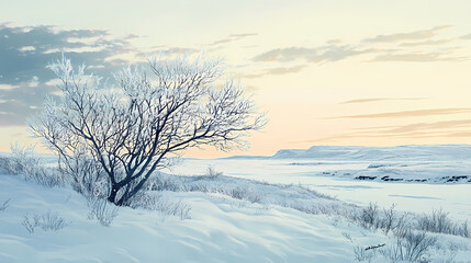 A symphony of cool and muted colors reflecting the quiet serenity of an arctic tundra as it is blanketed in fresh snow undisturbed by the outside world. Tundral. Illustration