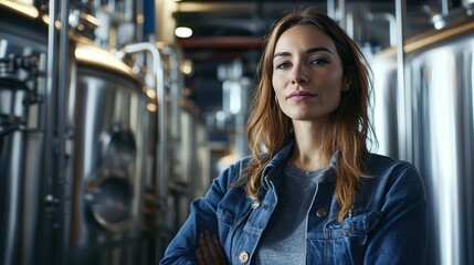 Confident woman standing in a modern brewery