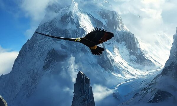 Majestic Eagle Soars Over Rugged Snow-Capped Mountains Under a Clear Blue Sky, Capturing the Essence of Freedom and Nature's Grandeur