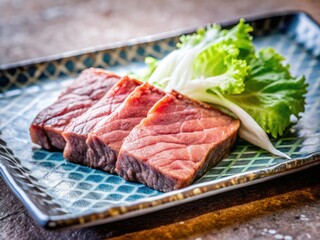 Fototapeta premium Succulent Wagyu, crisp lettuce, stark black plate: minimalist Japanese elegance.