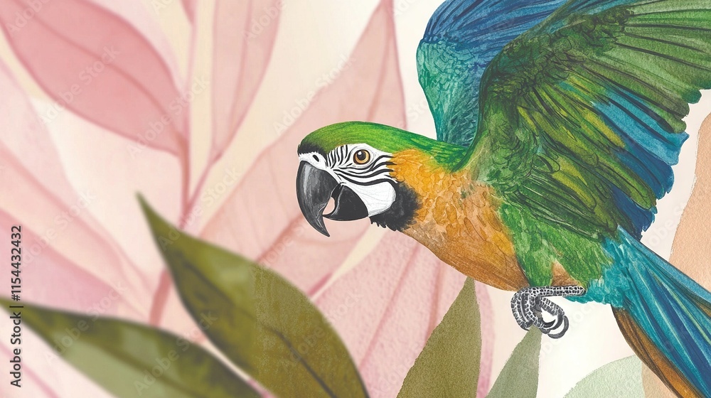 Poster a colorful parrot soars above a vibrant floral background with intricate leafy patterns