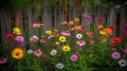 Vibrant Wildflower Garden Blossoming Brightly Against Rustic Wooden Fence : Generative AI