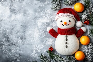 This top-down New Year's Eve image features a spruce branch, glasses, a champagne bottle, and tangerines against a clean white backdrop, with spacious margins around each element.