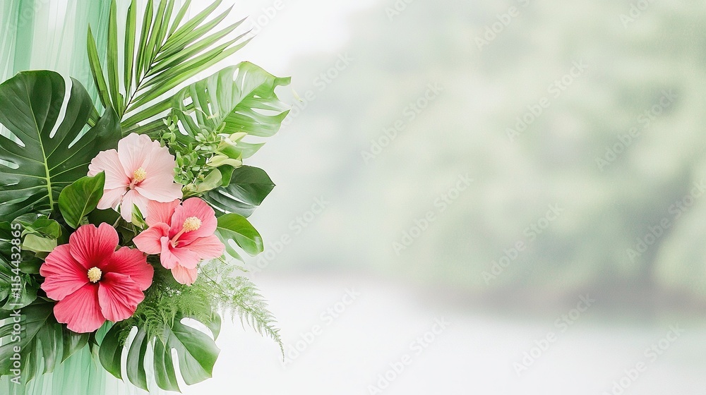 Poster a sharp photo of a flower arrangement on a windowsill with an out-of-focus backdrop of foliage and w