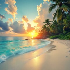 Tropical paradise, golden sunset, turquoise ocean waves