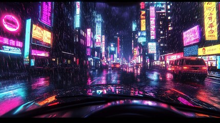Obraz premium Neon-Lit Rainy Cityscape Viewed from a Car Dashboard at Night : Generative AI