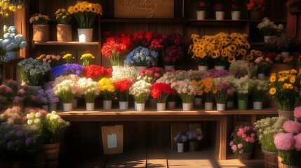Charming Flower Shop Display With Vibrant Floral Arrangements In Rustic Setting : Generative AI