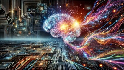 Obraz premium Digital Mind: Abstract AI and Neural Networks Fusion with Vibrant Data Streams and Futuristic Technology in Dramatic Lighting
