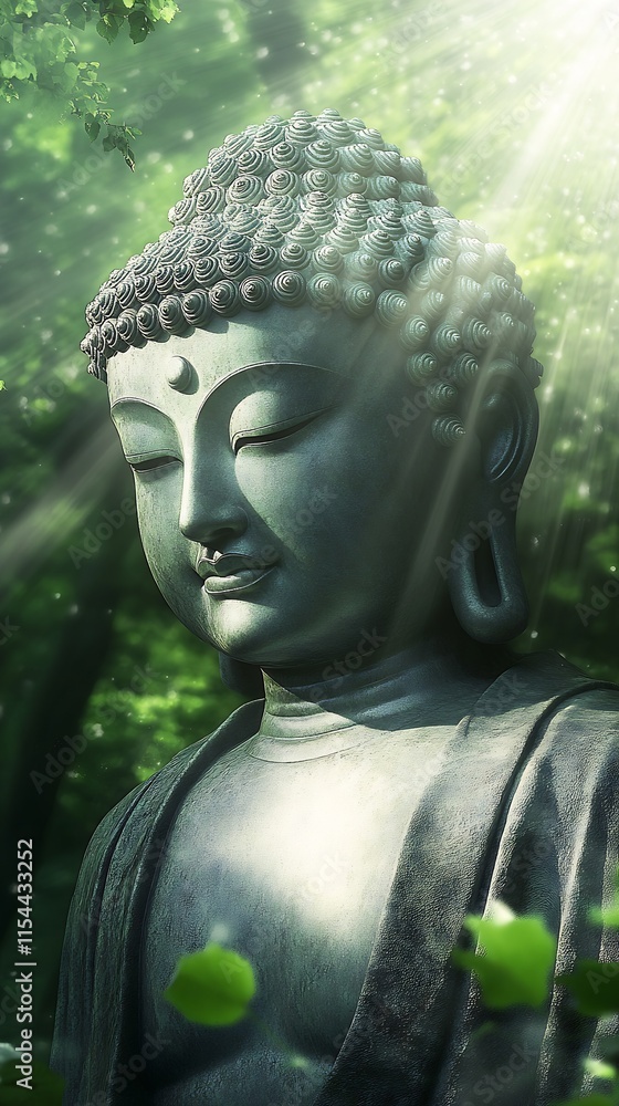 Poster serene stone buddha statue in lush greenery with sun rays illuminating face : generative ai