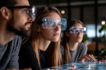 A diverse group of individuals wearing high-tech augmented reality glasses engage in a collaborative session exploring digital interfaces and visualizations.