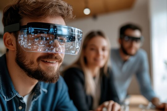 A joyful man wearing augmented reality glasses smiles while his friends engage with interactive elements in a vibrant, tech-savvy environment.