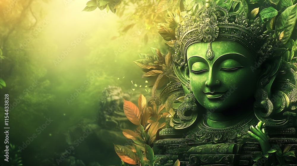 Poster tranquil green goddess statue surrounded by nature and leaves in mystical atmosphere : generative ai