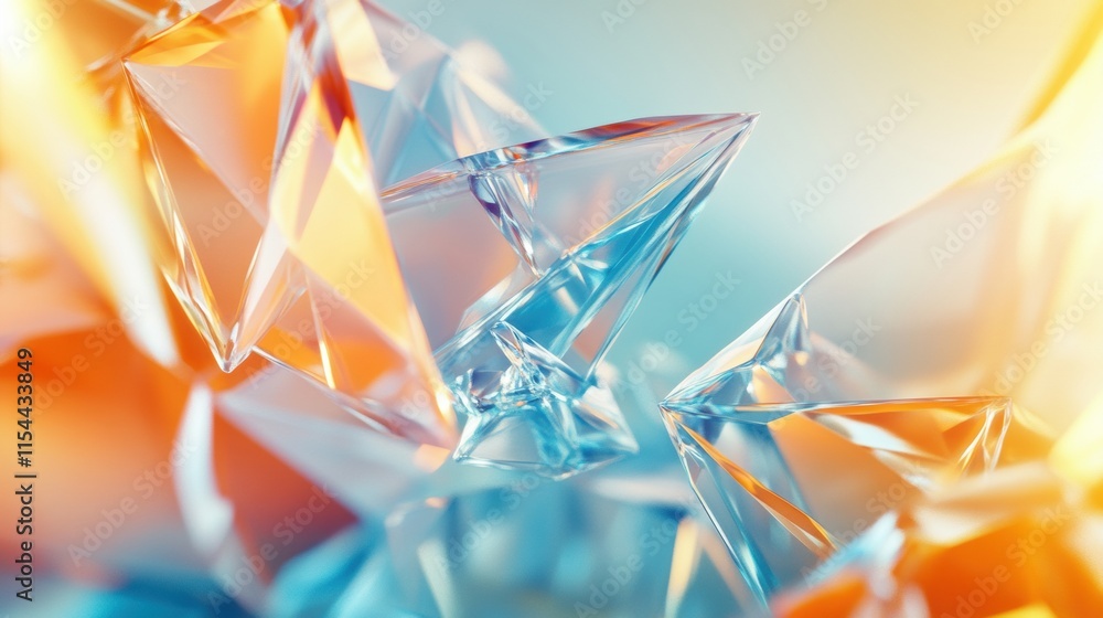 Poster colorful abstract 3d shapes forming intricate patterns in a vibrant light setting. generative ai
