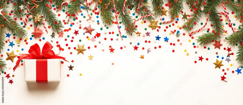 Poster silver christmas fir branches, complete with a gift box and red ribbon, create a festive and decorat