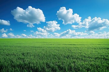 A wide expanse of lush green grass stretches to the horizon beneath a vibrant blue sky dotted with fluffy white clouds, creating a peaceful and serene landscape.
