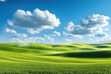 Fototapeta premium A wide expanse of lush green grass stretches to the horizon beneath a vibrant blue sky dotted with fluffy white clouds, creating a peaceful and serene landscape.