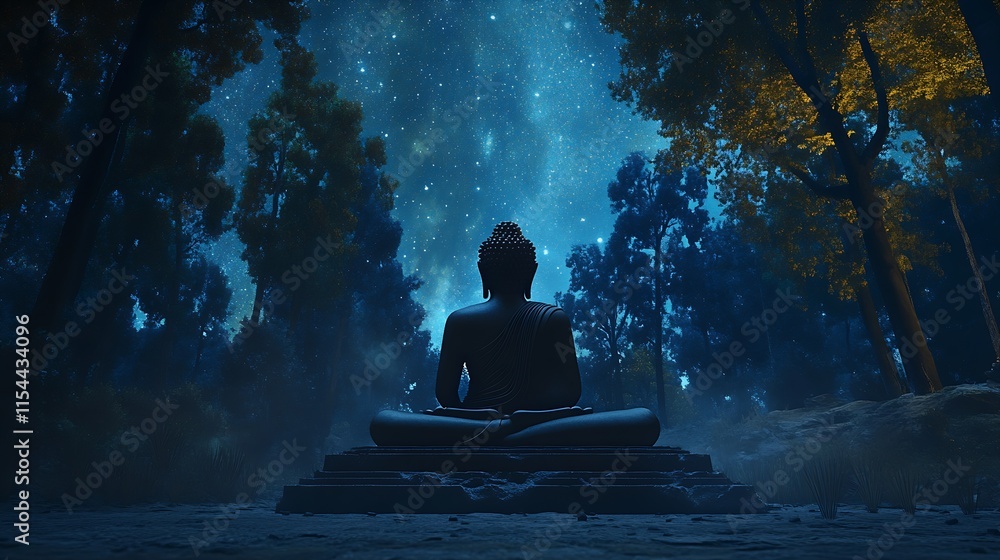 Poster mystical buddha surrounded by a starry night sky and enchanting forest atmosphere : generative ai