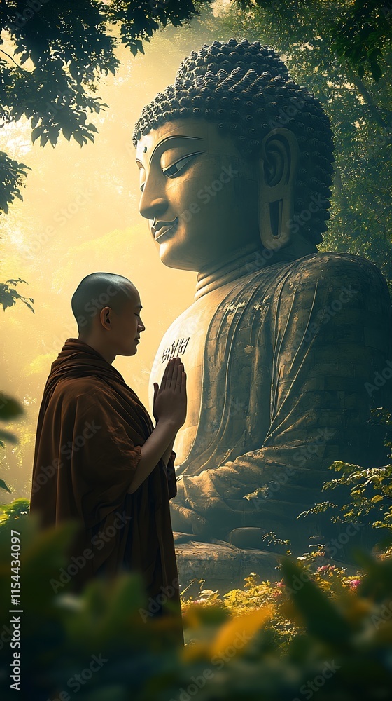 Poster Monk in tranquil prayer in front of towering ancient Buddha statue in forest : Generative AI