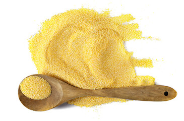 Corn polenta uncooked and wooden spoon isolated on white, top view, clipping path