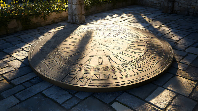 Sunlit view of greek sundial with intricate carvings sharp shadows enhancing time markings. Sundial. Illustration
