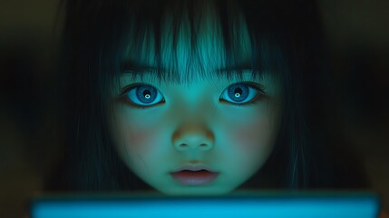 Girl's face illuminated by tablet screen.