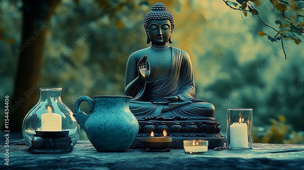 Poster peaceful buddha statue surrounded by candles and pots in serene forest setting : generative ai