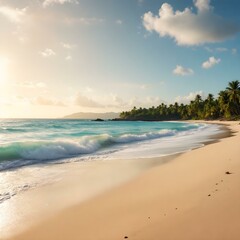 Obraz premium Tropical paradise, golden sunset, turquoise ocean waves