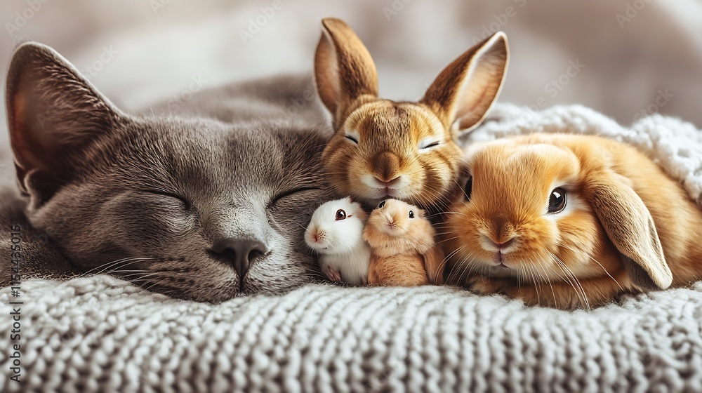 Poster cozy sleeping cat and tiny rabbits nestled on soft blanket : generative ai