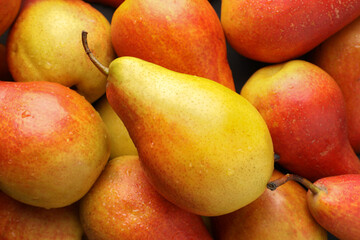 Fresh ripe juicy pears as background, closeup