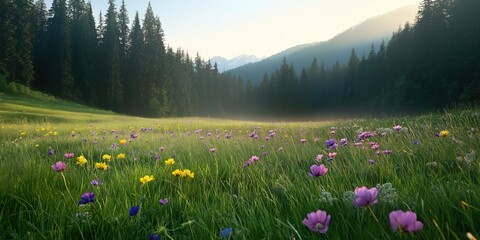 Obraz premium A field of flowers with a bright blue sky in the background. The field is full of different colored flowers, including yellow, purple, and pink. The scene is peaceful and serene