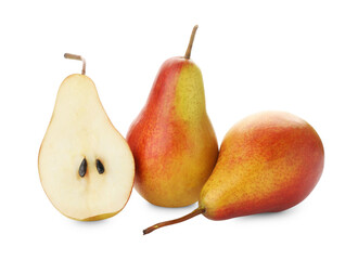 Whole and cut ripe pears isolated on white