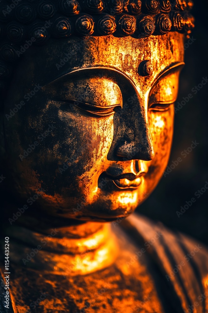 Poster golden illuminated buddha statue closeup with intense meditative aura : generative ai