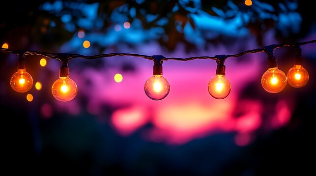 Warm string lights illuminate a vibrant sunset.