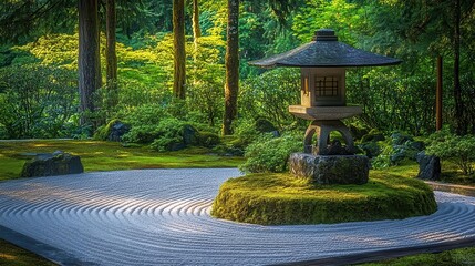 A Japanese Zen garden with carefully raked sand, lush moss, and sculpted stone lanterns, emphasizing peace and balance