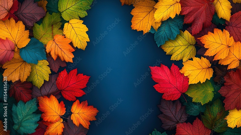 Aufkleber a multicolored group of leaves on a blue canvas with space for text in the center