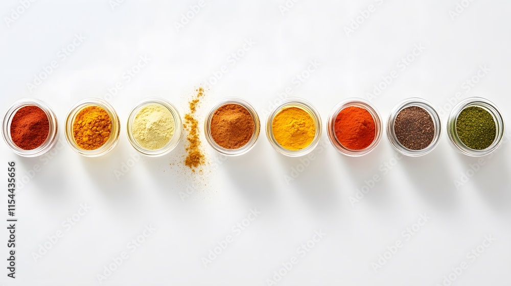 Poster assortment of colorful spices in small glass jars arranged in a row on a white background. a vibrant