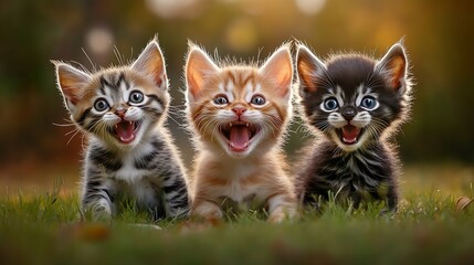 Adorable Trio of Kittens Outdoors Expressing Joy with Playful Expressions in Sunlit Garden : Generative AI