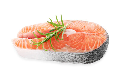 Steak of fresh raw salmon and rosemary isolated on white