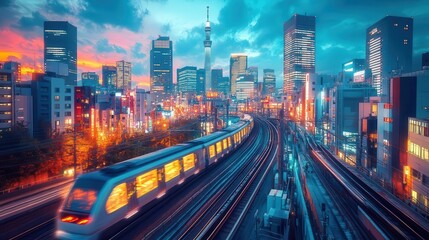 A modern Tokyo cityscape with glowing skyscrapers, bustling streets, and advanced transportation systems like bullet trains, cyberpunkinspired