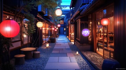 Fototapeta premium A neonlit Tokyo alley with modern architecture blending into historical wooden izakayas, surreal and eclectic