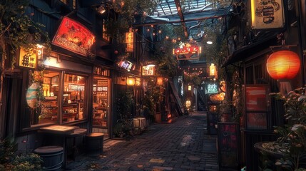 Obraz premium A neonlit Tokyo alley with modern architecture blending into historical wooden izakayas, surreal and eclectic