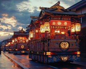 Fototapeta premium A parade float adorned with intricate designs during the Takayama Festival, glowing softly under a twilight sky, rich and detailed