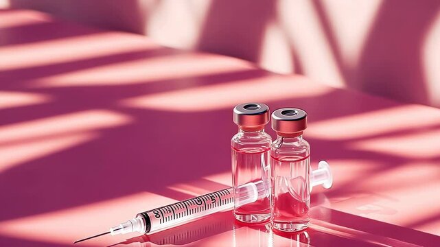 Two vaccine vials and a syringe sit against a soft pink backdrop. The scene conveys a sense of health and safety, evoking themes of medical care and wellness in a serene atmosphere.