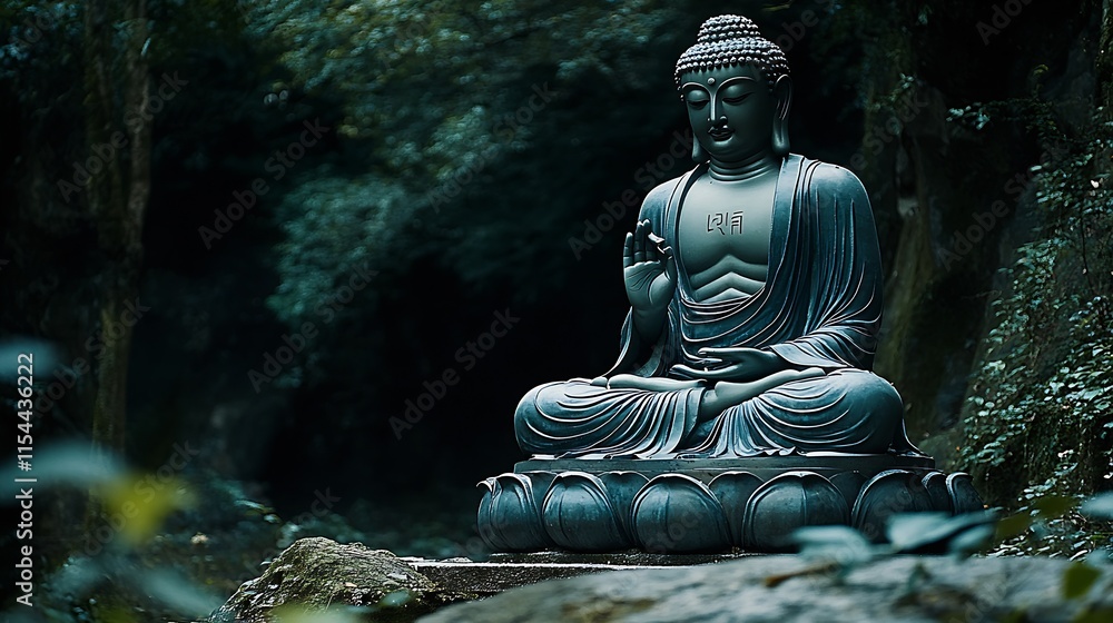 Poster Serene Buddha statue in tranquil forest setting surrounded by greenery : Generative AI