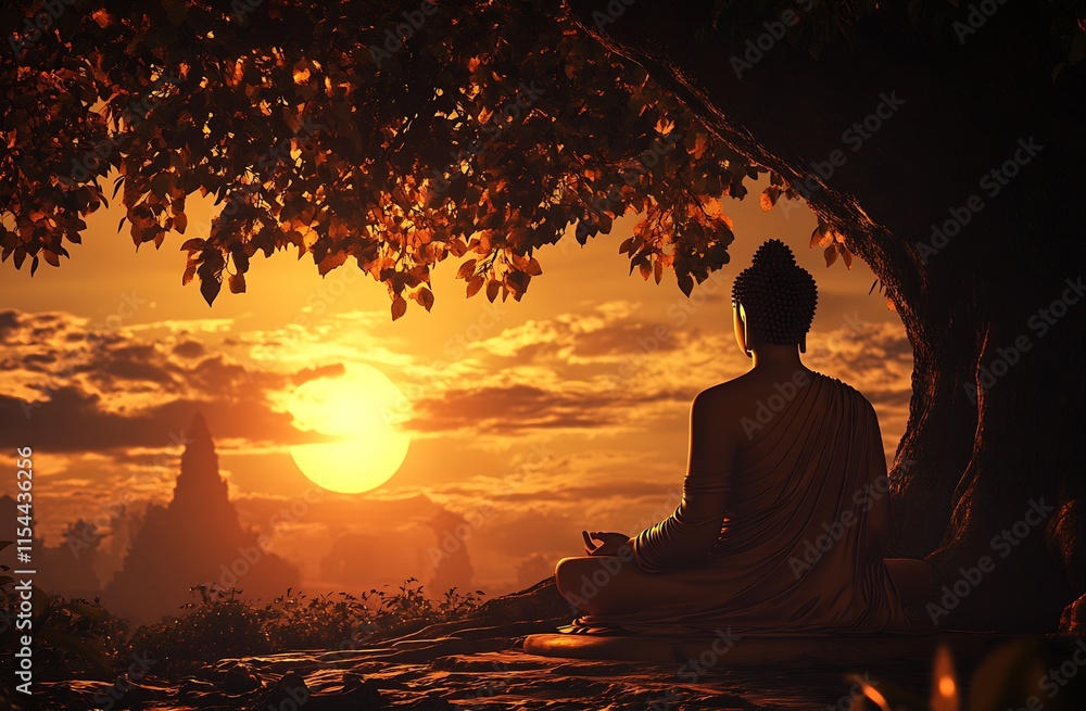 Poster serene sunset meditation by ancient temple and buddha statue : generative ai