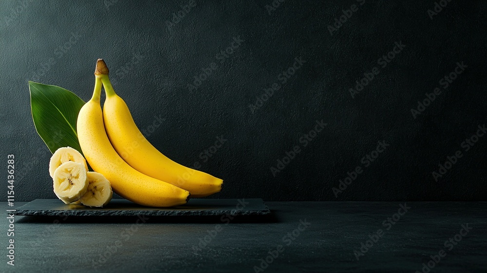 Poster a group of bananas resting on a table adjacent to a banana peel and green leaf on a black background