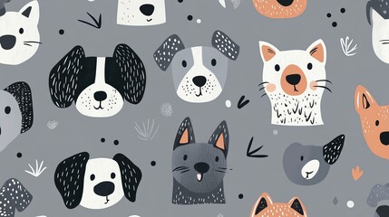 Seamless Scandinavian Style Pattern with Cute Dog Faces on Gray Background for Kids' Rooms