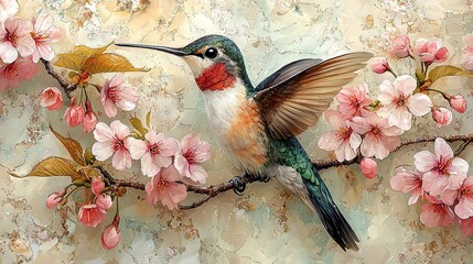   A Hummingbird Sits on a Tree with Pink Flowers